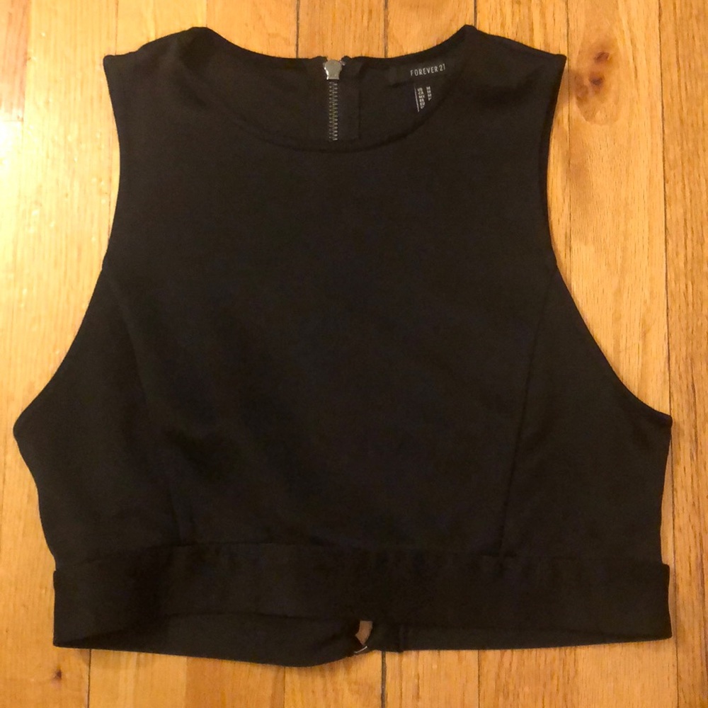 Black crop top with open back portion